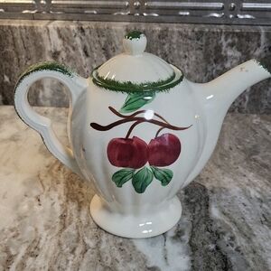 Blue RIDGE Ceramic Teapot with Cherry Design - Green and White